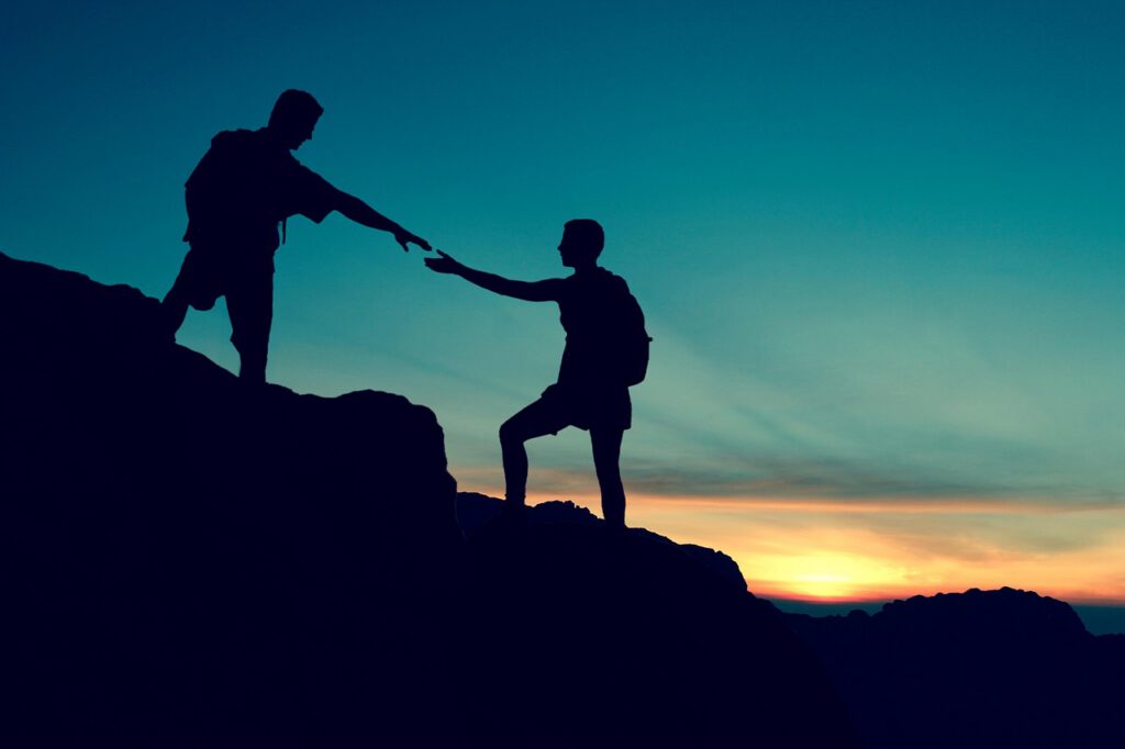 couple, climbing, help, mountain, sunset, hiking, adventure, nature, landscape, mountaineering, achievement, outdoor, motivation